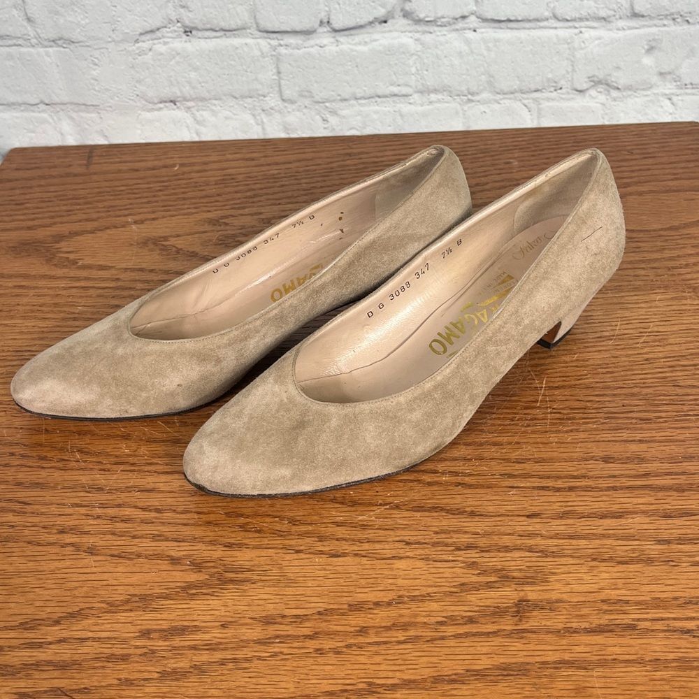 Salvatore Ferragamo Saks 5th Ave taupe/gray tan suede with block heels 7.5